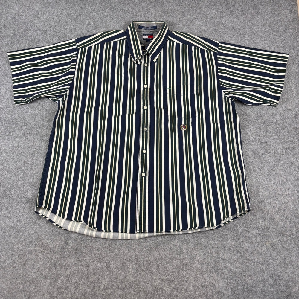 Tommy Hilfiger Button Down Shirt Mens XL Navy Green Striped Short Sleeve Logo